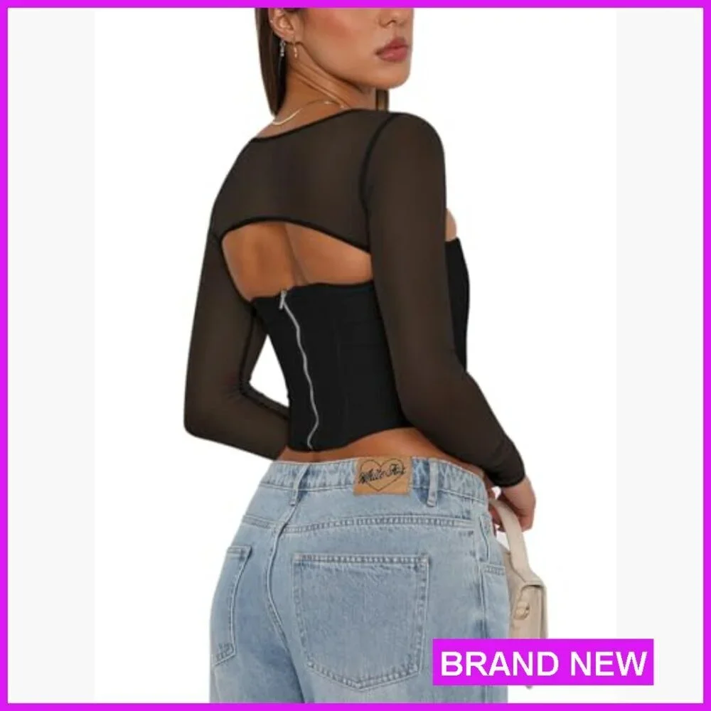 Mesh Long Sleeve Boned Corset Top Y2K Square Neck Bustier Crop Tops